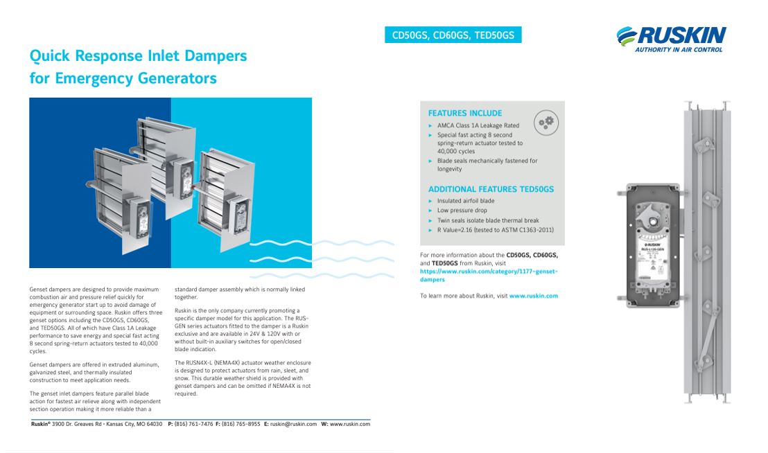 Genset dampers are designed to provide maximum combustion air and pressure relief quickly for emergency generator start up to avoid damage of equipment or surrounding space - Learn more: ruskin.com/doc/Id/10091