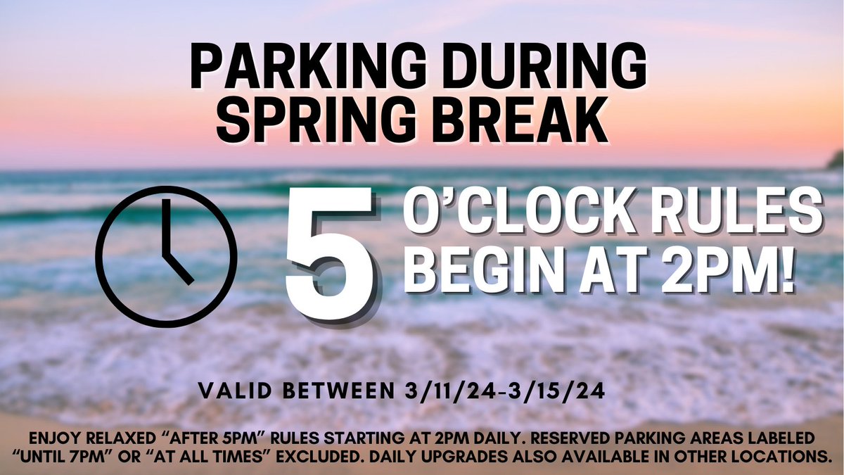 UTAMAVPark's tweet photo. Have a safe Spring Break! For those still on campus, enjoy the After 5pm parking rules starting at 2 pm each day.  #mavup https://t.co/a2cbHtGaAF