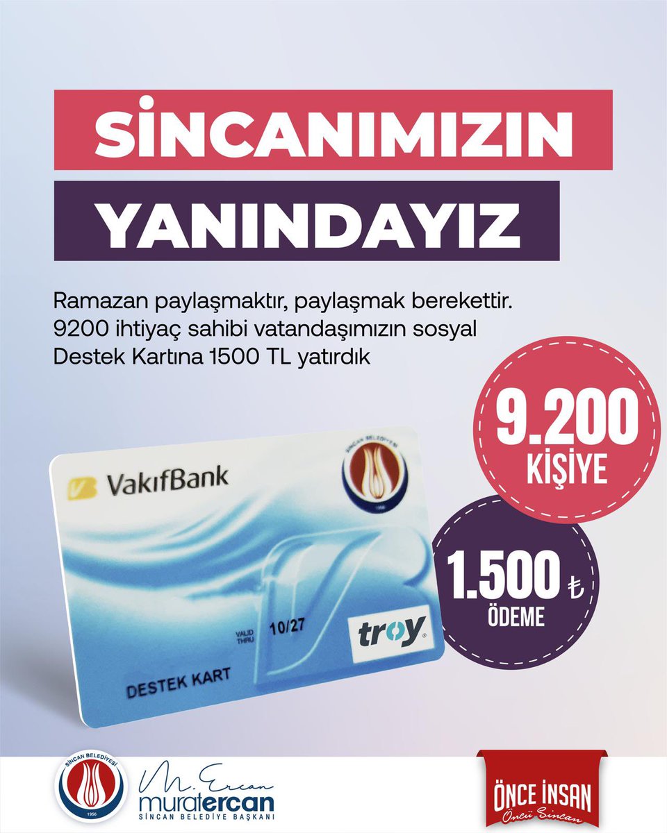 Ramazan-ı Şerif'te paylaşmanın bereketini; birlik, beraberlik ve kardeşliğin rahmetini hep birlikte yaşıyoruz.

İhtiyaç sahibi 9.200 hemşehrilerimizin Sosyal Destek Kartlarına bugün itibariyle 1.500 TL nakdi yardımı yatırdık.

Yeni dönemde de ihtiyaç sahiplerine yönelik sosyal