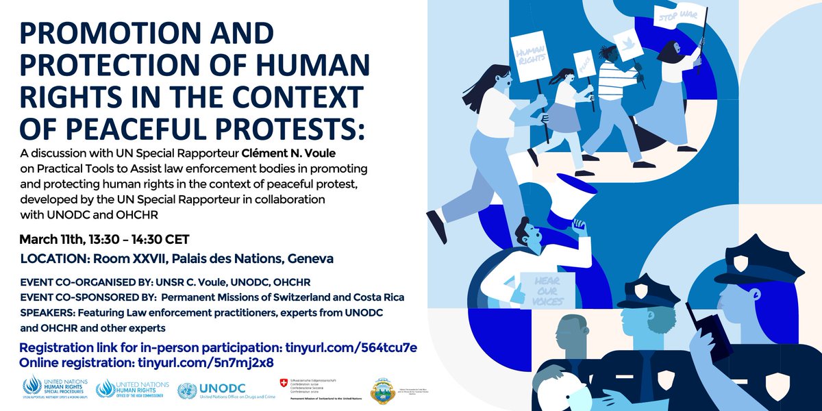 📌Join me on Mon 11/3 to discuss with law enforcement officials, UNODC, OHCHR & other experts what must be implemented for a human-rights compliant approach to peaceful policing of protest. #HRC55 🕜13:30 CET -RoomXXVII PdN Register for online attendance: bit.ly/48EJFXS