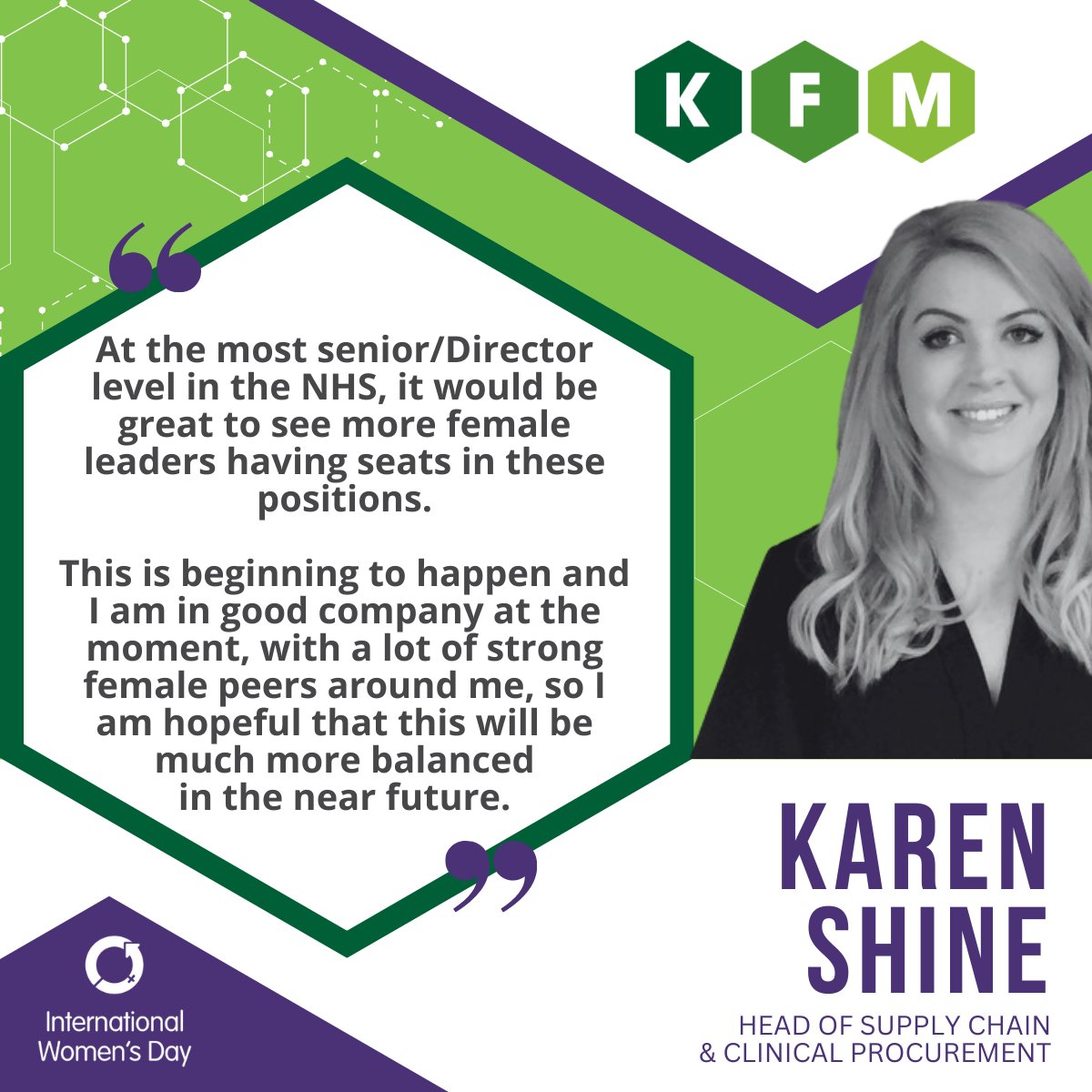 Continuing our celebration of #InternationalWomensDay , meet Karen Shine, KFM's Head of Supply Chain & Clinical Procurement, with 12 years of NHS experience. Read Karen's inspiring journey and passion for healthcare here 👉 bit.ly/49NWZdR #WomenInLeadership #IWD2024