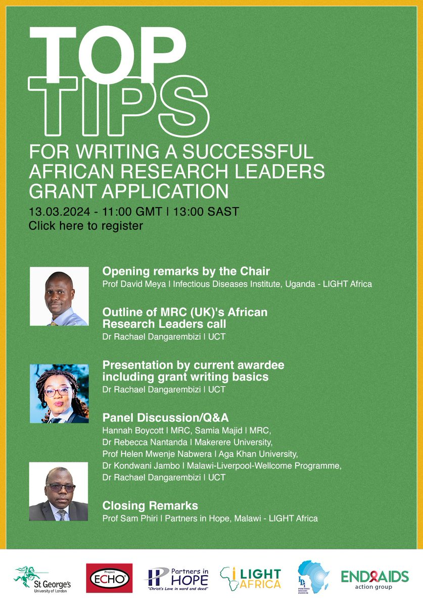 Excited to announce our next webinar 13th March 24 11am (GMT) focussed on strengthening research capacity. Top tips for writing a successful African research leaders grant - click the link for more info and registration endaidsaction.group/end-aids-actio… #endaidsdeaths