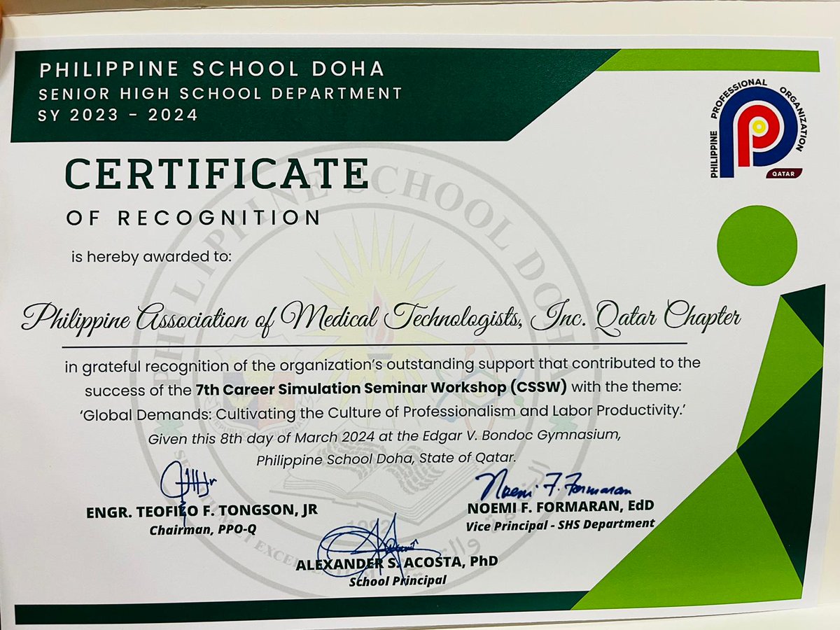 PAMET_Qatar's tweet image. #PAMET Qatar Chapter has been recognised in the conclusion of the Career Simulation Seminar Workshop for the senior students of Philippine School Doha. 
#CSSW