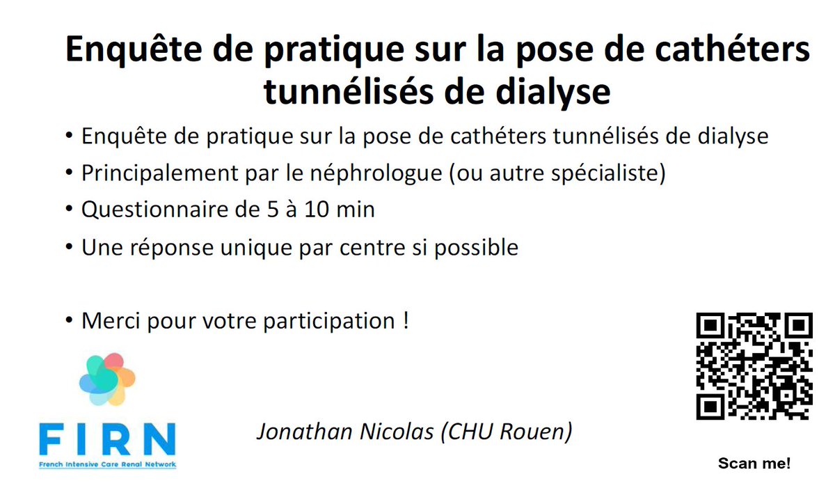 Appel à participation
Apportez votre contribution à l'enquête de pratique sur la pose de cathéters tunnélisés de dialyse principalement par le néphrologue (ou autres spécialistes) via un questionnaire de 5-10 min avec une réponse par centre souhaité.
skezia.io/cohorts/ad26d4…