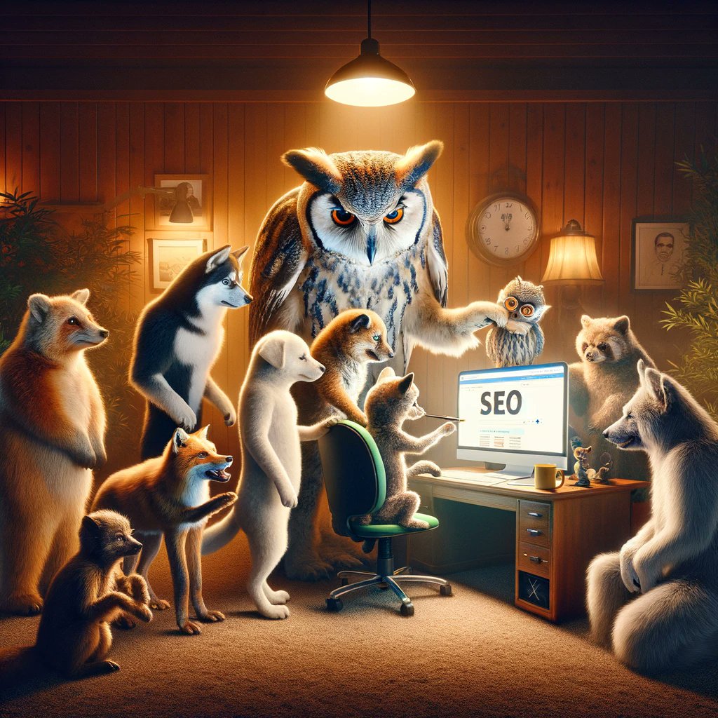 Southpowok's tweet image. When SEO goes wild! 🦉💻 Watch as these critters hilariously demonstrate what NOT to do. Luckily, wise old owl's got our back! #SEOStruggles #DigitalHumor #LearningFromMistakes #WiseOwl #SearchEngineOptimization #SEO101