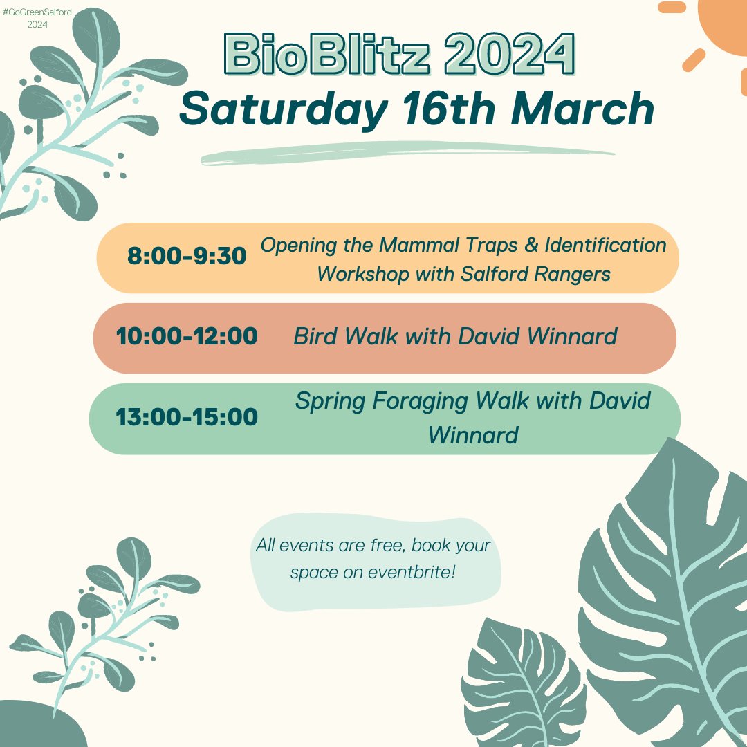 UoS Sustainability (@uos_sustain) on Twitter photo As part of #GoGreenSalford2024 join us & <a href="/SalfordRanger/">Salford Ranger Team</a> for a series of wildlife-themed events, activities & surveys in & around Peel Park!🐾🌳
🗓️Friday 15/3 & Saturday 16/3!
🎟️Sign up at bit.ly/salfordbioblitz As part of #GoGreenSalford2024 join us & <a href="/SalfordRanger/">Salford Ranger Team</a> for a series of wildlife-themed events, activities & surveys in & around Peel Park!🐾🌳
🗓️Friday 15/3 & Saturday 16/3!
🎟️Sign up at bit.ly/salfordbioblitz