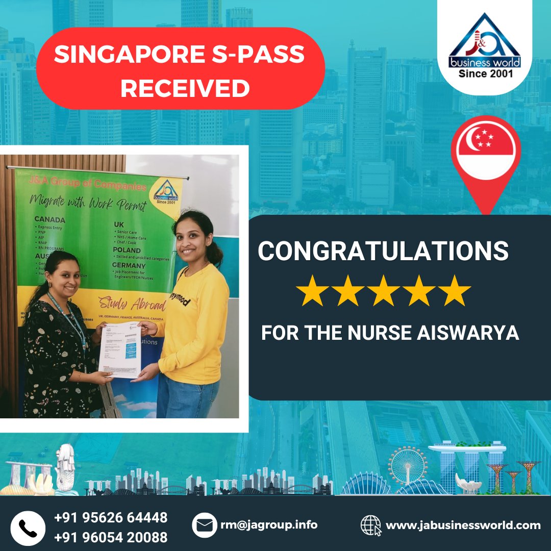 Congrats for the nurse Aiswarya

Singapore S pass visa Received

J&A again prove the benchmark of success in Singapore nurses recruitment.

Contact Us
+91 95626 64448
+91 96054 20088

#nurse #nurseopportunities #NurseOpportunity #WorkInSingapore #VisaApproved #workvisa