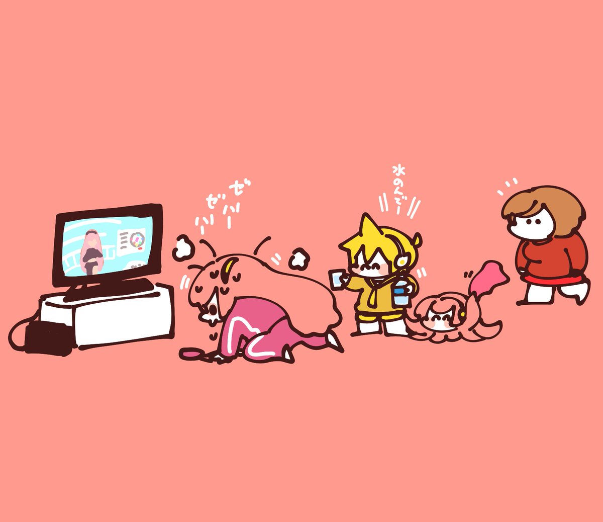 鏡音レン ,巡音ルカ ,メイコ(VOCALOID) ,たこルカ 「汗だくルカさんとやる気のメイコさん 」|袁のイラスト