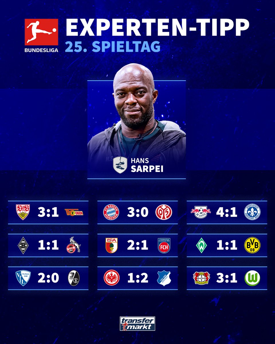 Transfermarkt's tweet photo. Legende Hans #Sarpei tippt den 25. #Bundesliga-Spieltag! 🙏
Zufrieden mit den Tipps? https://t.co/mvkiqQTHoF