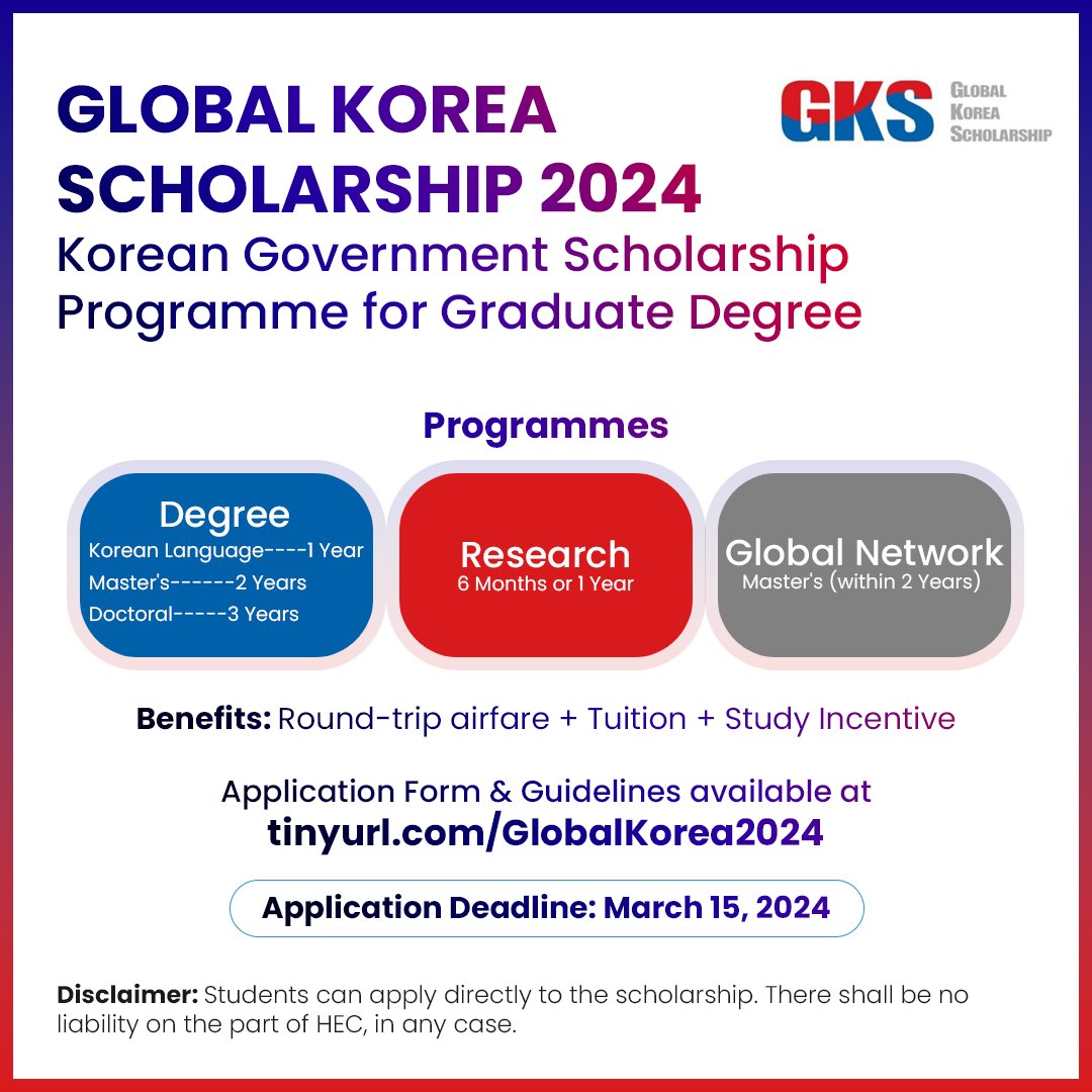 Korean Government Scholarship for Graduate Degree

Application Deadline: March 15, 2024

For details, visit tinyurl.com/globalkorea2024