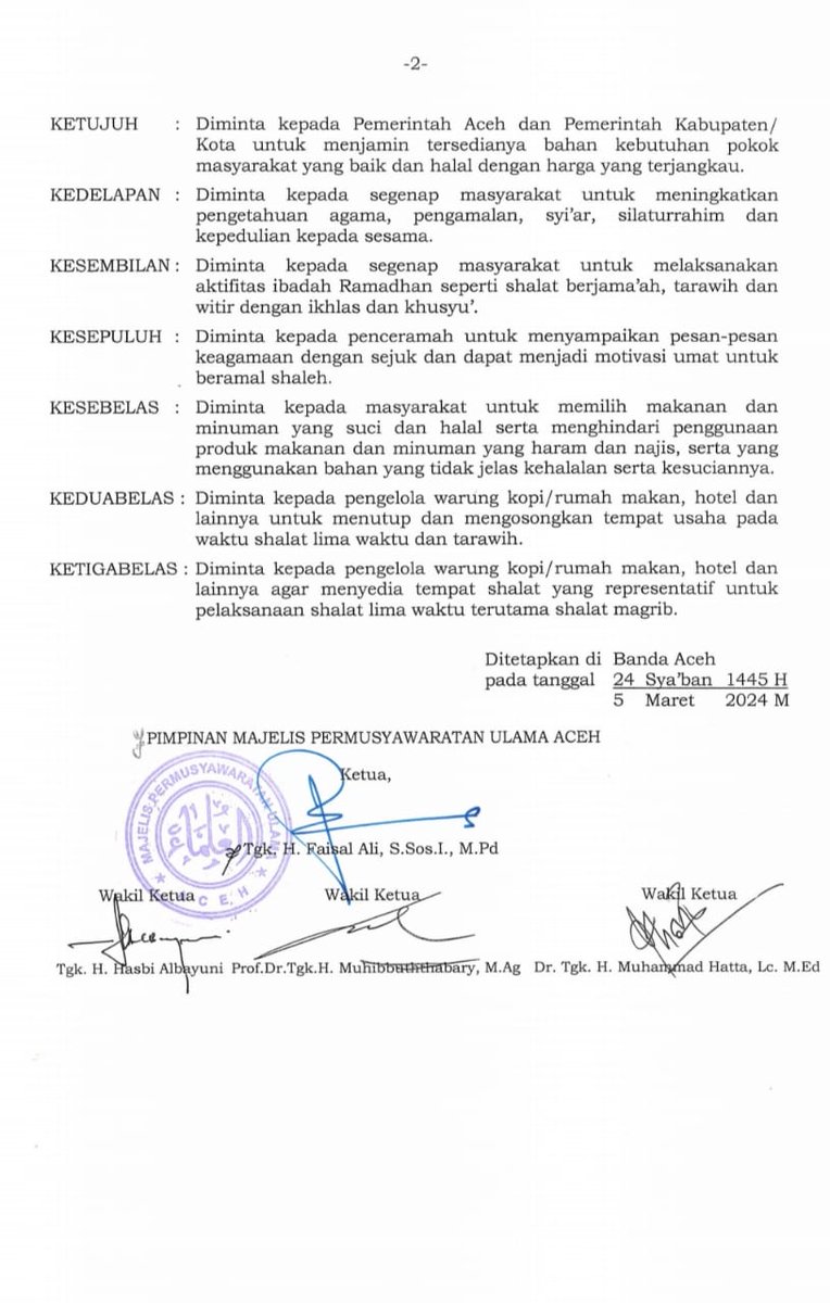 sekretmpuaceh's tweet photo. Taushiyah Majelis Permusyawaratan Ulama (MPU) Aceh Nomor 3 Tahun 2024 Tentang Pelaksanaan Ibadah Bulan Ramadhan dan Kegiatan Keagamaan Lainnya Tahun 1445 H.

#MPUACEH #Taushiyah #Ramadhan https://t.co/qUTSqEsx12