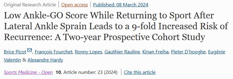 Brice Picot (@picotbrice) on Twitter photo ‼️NEW ‼️
Yes, an Ankle-GO score < 8pts implies a 9-times higher risk of reinjury 2years after LAS🤯
⚠️1st predictive objective RTS criteria 🦶
<a href="/FFrunsanteperf/">François Fourchet</a> @sfmksofficiel <a href="/Univ_Savoie/">UnivSavoieMontBlanc</a> <a href="/LIBM_lab/">LIBM</a> <a href="/AnkleConsortium/">Int Ankle Consortium</a>
<a href="/SportsMedicineJ/">Sports Medicine</a>
sportsmedicine-open.springeropen.com/articles/10.11… ‼️NEW ‼️
Yes, an Ankle-GO score < 8pts implies a 9-times higher risk of reinjury 2years after LAS🤯
⚠️1st predictive objective RTS criteria 🦶
<a href="/FFrunsanteperf/">François Fourchet</a> @sfmksofficiel <a href="/Univ_Savoie/">UnivSavoieMontBlanc</a> <a href="/LIBM_lab/">LIBM</a> <a href="/AnkleConsortium/">Int Ankle Consortium</a>
<a href="/SportsMedicineJ/">Sports Medicine</a>
sportsmedicine-open.springeropen.com/articles/10.11…