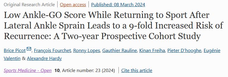 ‼️NEW ‼️ Yes, an Ankle-GO score < 8pts implies a 9-times higher risk of reinjury 2years after LAS🤯 ⚠️1st predictive objective RTS criteria 🦶 @FFrunsanteperf @sfmksofficiel @Univ_Savoie @LIBM_lab @AnkleConsortium @SportsMedicineJ sportsmedicine-open.springeropen.com/articles/10.11…