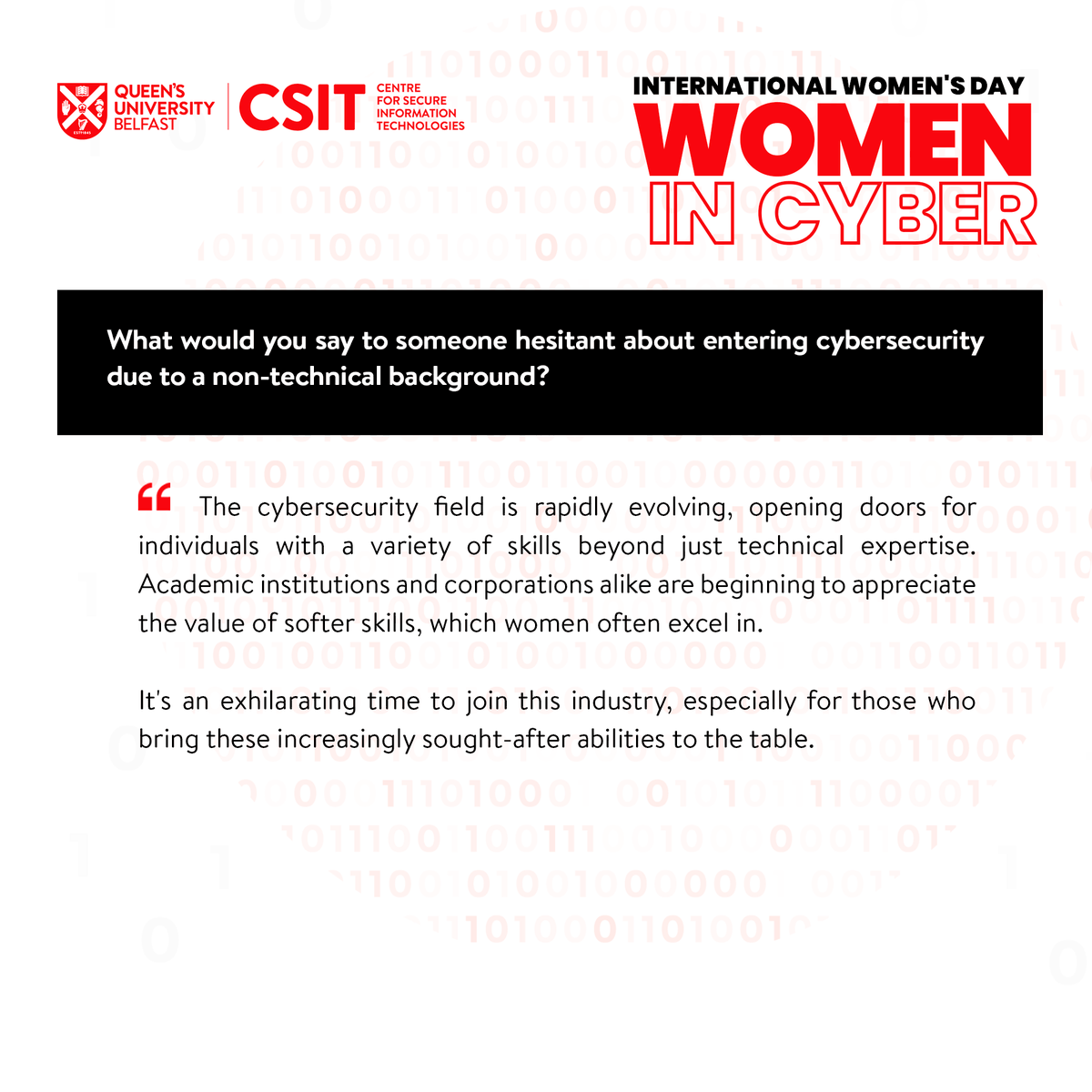 Celebrating #InternationalWomensDay2024 & #CyberNIWeek with Louise Cushnahan from @ECIT_QUB, within @QUBEEECS She discusses the critical role of diverse skills in #cybersecurity & women's impact on #innovation. 🌟 Discover how we're advocating for more #WomenInCyber.