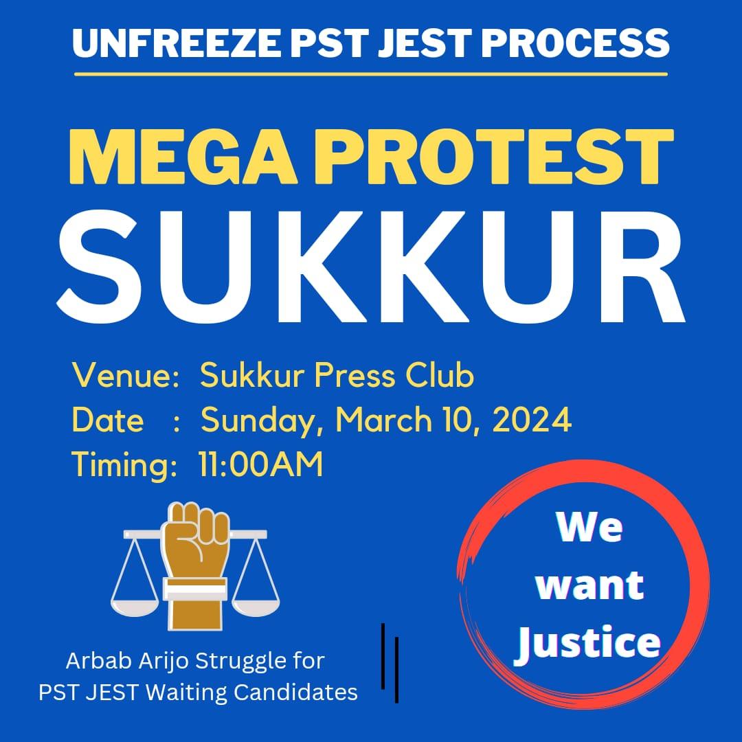 Mega Protest Sukkur ✌️
  <a href="/MinisterEduGoS/">Minister Education & Literacy Government of Sindh</a>
<a href="/SindhCMHouse/">Sindh Chief Minister House</a>
<a href="/arbabarijo/">Arbab Arijo</a>
<a href="/AsifAliZerdari/">Asif Ali Zardari</a>
<a href="/BBCNews/">BBC News (UK)</a>
#UnfreezePSTJESTProcess