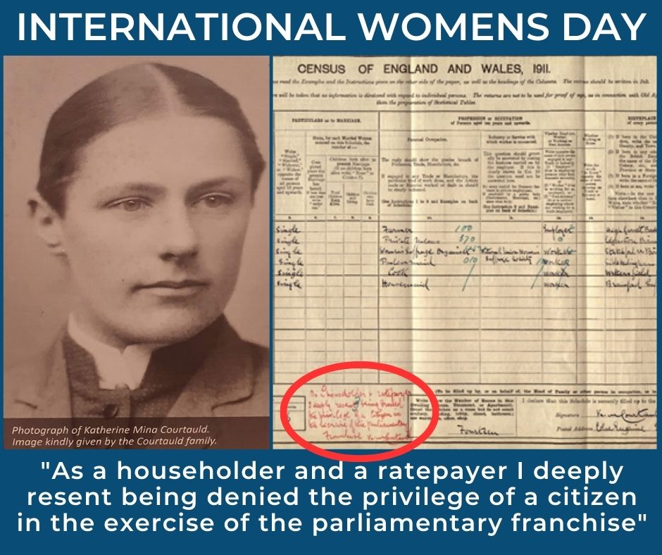In 1897 The National Union of Women's Suffrage Socities was founded and local Katherine Mina Courtauld was secretary for the north west Essex Branch, campaigning for the rights of women.
In 1911 she wrote the note in the above census and refused to wear corsets!
#IWD #Women
