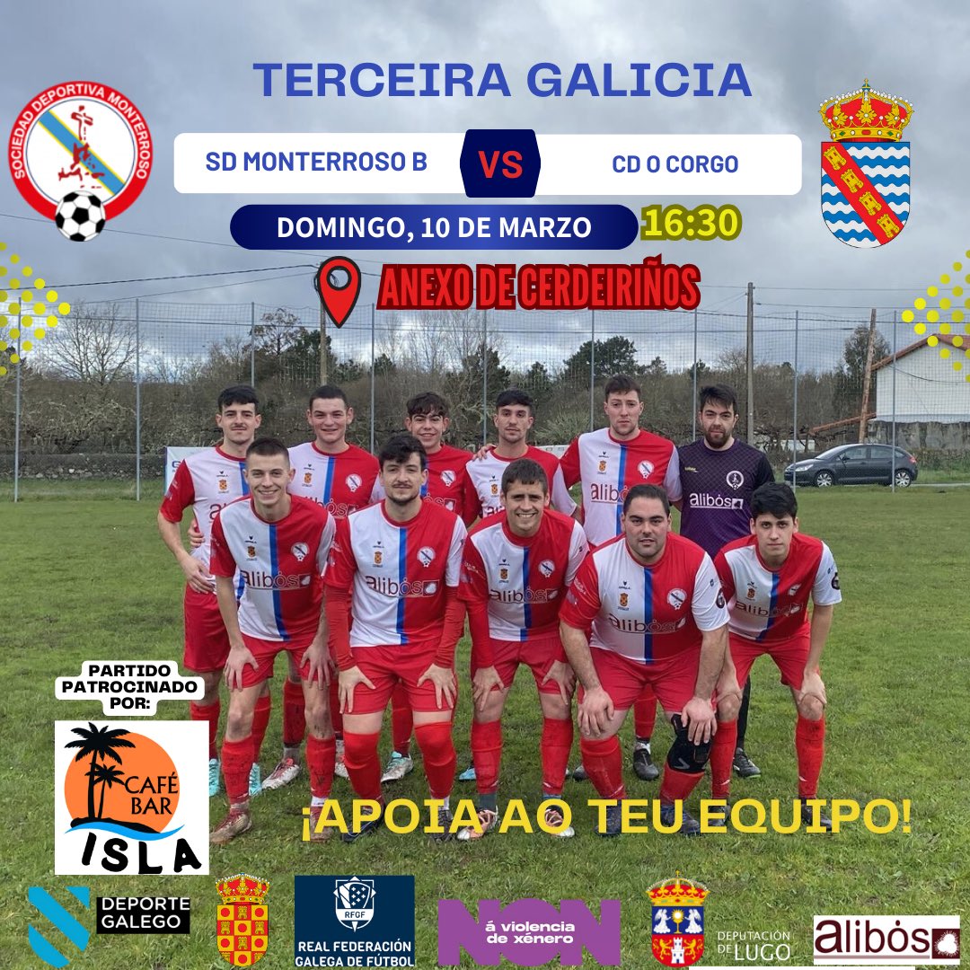 ⚠️ XORNADA 21 ⚠️

➡️ Encontro patrocinado por Café Bar Isla. Moitas gracias por colaborar con nós ♥️🤍

⚽️ SD Monterroso B 🆚 CD Corgo

🗓️ Domingo 10

🕒 Ás 16:30

📍 Anexo de Cerdeiriños

♥️🤍 GO REDS 🤍♥️