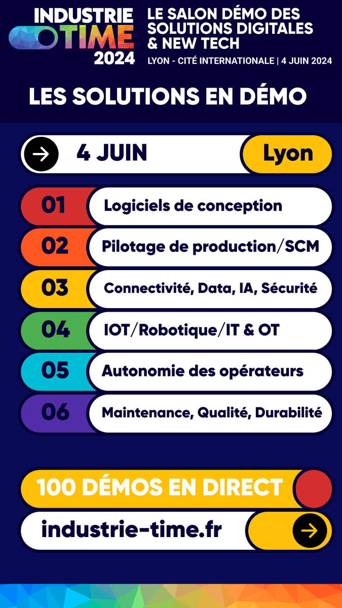 🚀 Le salon-Démo Industrie Time est le nouvel événement en France consacré à la digitalisation de l'industrie, où votre expertise ne passera pas inaperçue. 

➡️ Découvrez les domaines abordés !

#Industrie40 #Industrie #UsineDigital #Usine #Digitalisation #SalonDemo