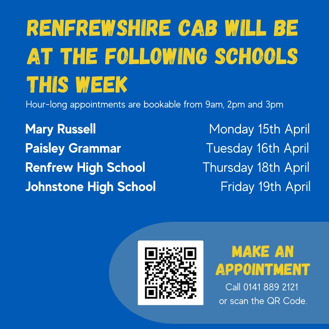 📝School Support Service📔 This week, our School Support adviser will be visiting Mary Russell, Paisley Grammar, Renfrew and Johnstone High Schools. To make an appointment, call 0141 889 2121, or visit schoolsupportservice.10to8.com.