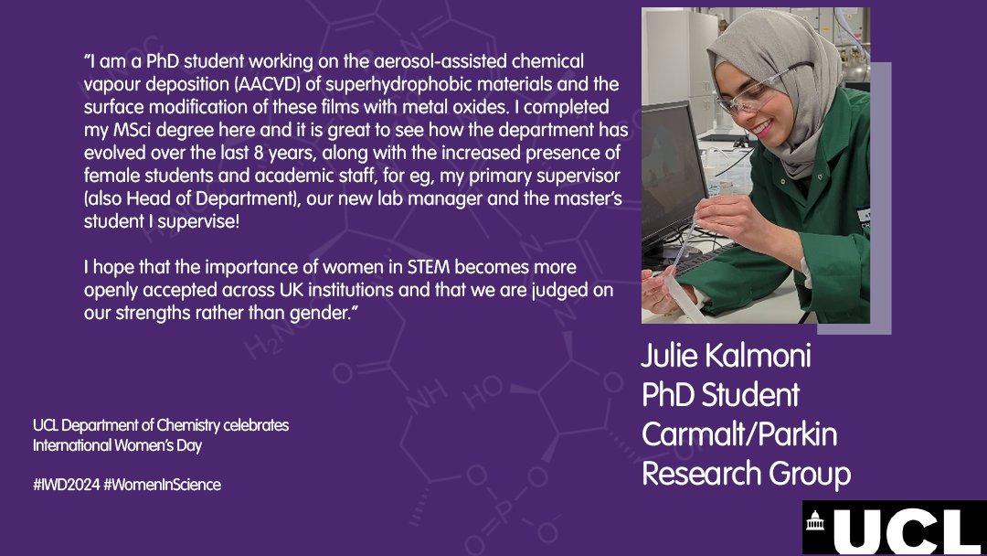 Celebrating our #WomenInScience 
There is a lot of exciting research going on in our 3rd floor Inorganic Labs. Meet PhD student Julie Kalmoni whose PhD research is on aerosol-assisted chemical vapour deposition (AACVD) of superhydrophobic materials!
#IWD2024 #WomenInChemistry