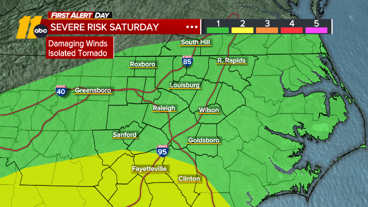 KweilynM's tweet photo. ⚠️Increasing clouds today. Showers late tonight. Saturday is a First Alert Day. Most of Central NC remains in level 1 of 5 risk of severe, level 2 in the Sandhills. This may be trimmed back, as the threat is trending a bit lower. Beautiful Sunday! #ncwx #Raleigh @ABC11_WTVD https://t.co/148mpE6MSN