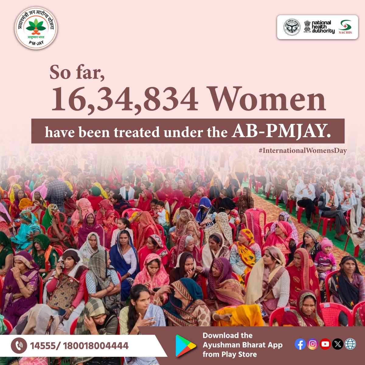 PmjayP's tweet photo. On International Women's Day, the #StateHealthAgency of #UttarPradesh extends its heartfelt congratulations to women for their remarkable contributions and strength. Thus far, 16,34,834 women have been treated under AB-PMJAY.
#womenempowerment #womensdayspecial #healthcare https://t.co/ptUrAMx2by