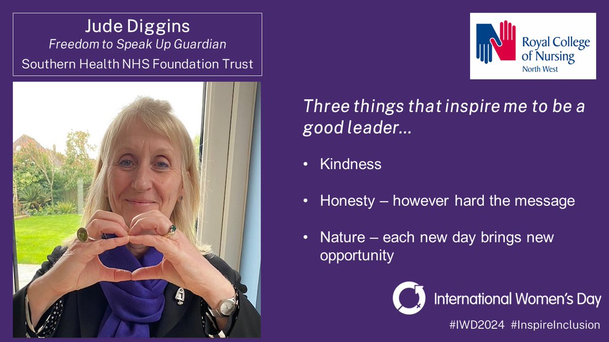 On #IWD24, Freedom to Speak Up Guardian Jude Diggins @Southern_NHSFT tells @theRCN three things that inspire me to be a good leader… #InspireInclusion