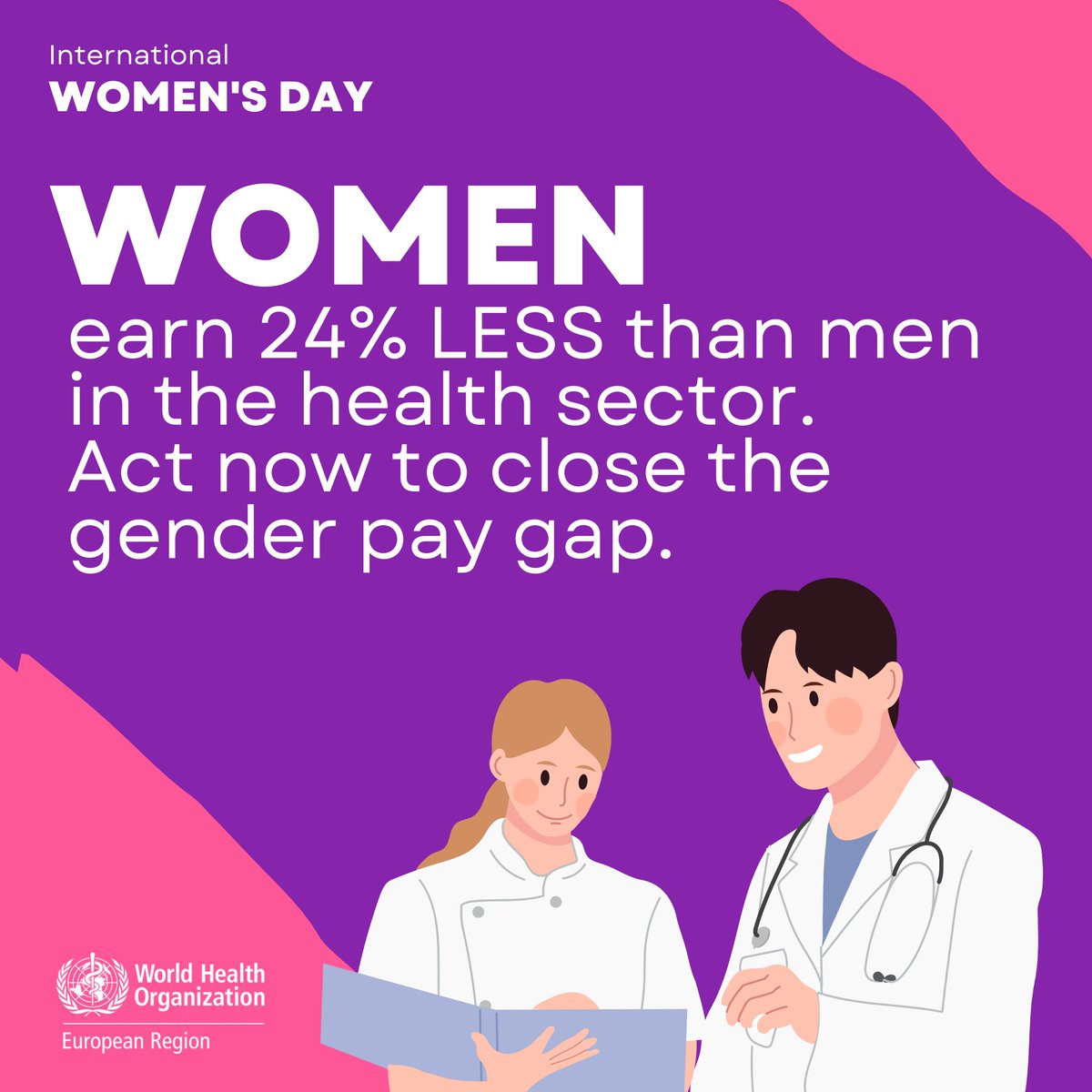While celebrating progress made towards #genderequality, let's remember that women in the health and care sector still earn 24% less than men, facing a larger pay gap than in other sectors. It's time to close this gap: who.int/europe/publica… #IWD2024