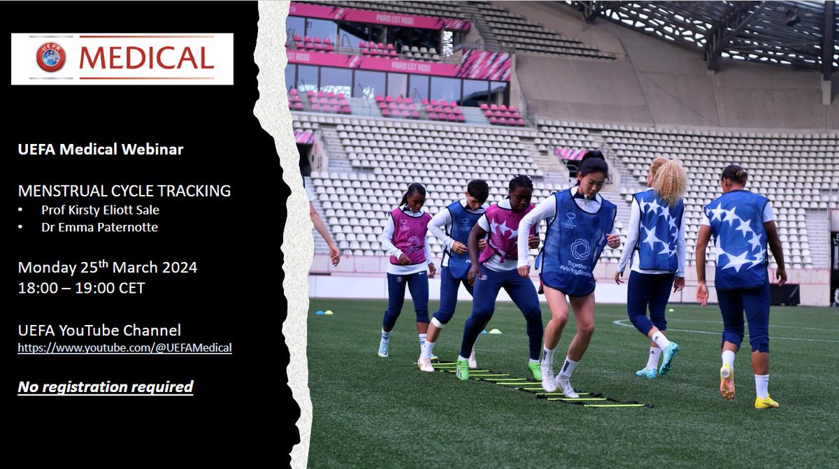 We invite you to join us for our next @UEFA Medical Webinar Monday, March 25th 18:00 - 19:00 CET ⚽️ FOOTBALL PLAYERS’ MENSTRUAL HEALTH ⚽ Join us with ... ➡ Prof Kirsty Eliott Sale ➡ Dr Emma Paternotte Free live stream 🎦 shorturl.at/ghmQ7 #football #menstrualhealth