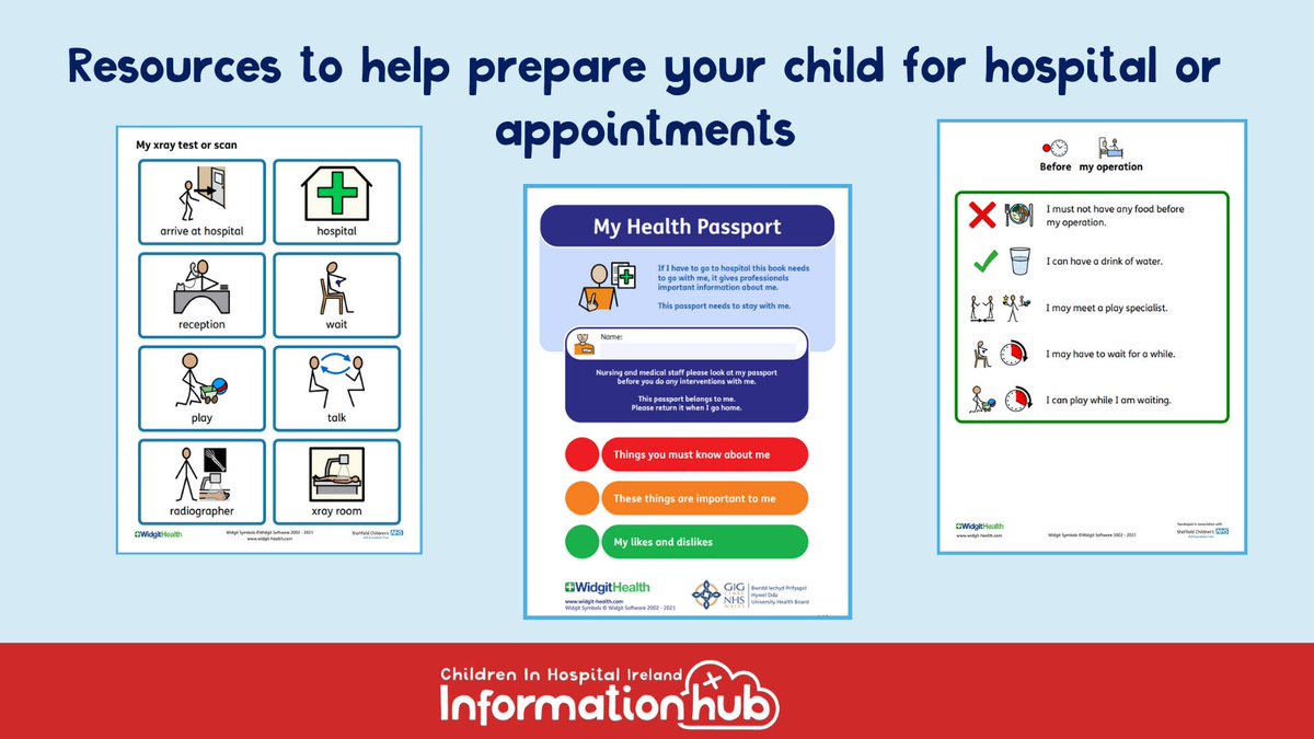 Some children need extra support when preparing to go to hospital or having procedures.

Find resources such as flashcards, health passports for children, advice from parents and much more to help prepare your child.

informationhub.childreninhospital.ie/hospital-admis…
