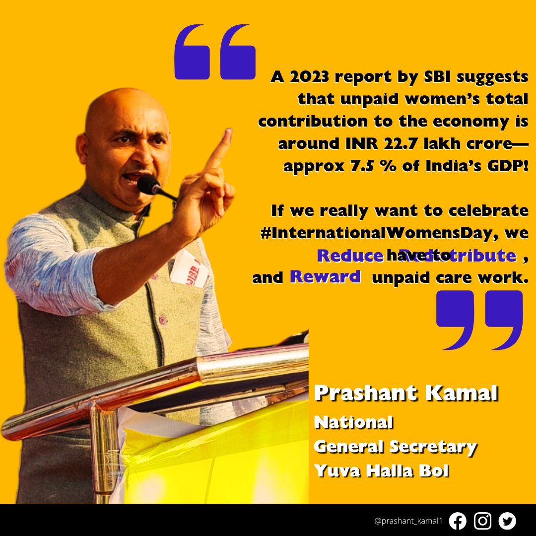 A 2023 report by SBI suggests that unpaid women’s total contribution to the economy is around INR 22.7 lakh crore—approx 7.5 % of India’s GDP!

If we really want to celebrate #InternationalWomensDay   , we have to Reduce, Redistribute and Reward unpaid care work.