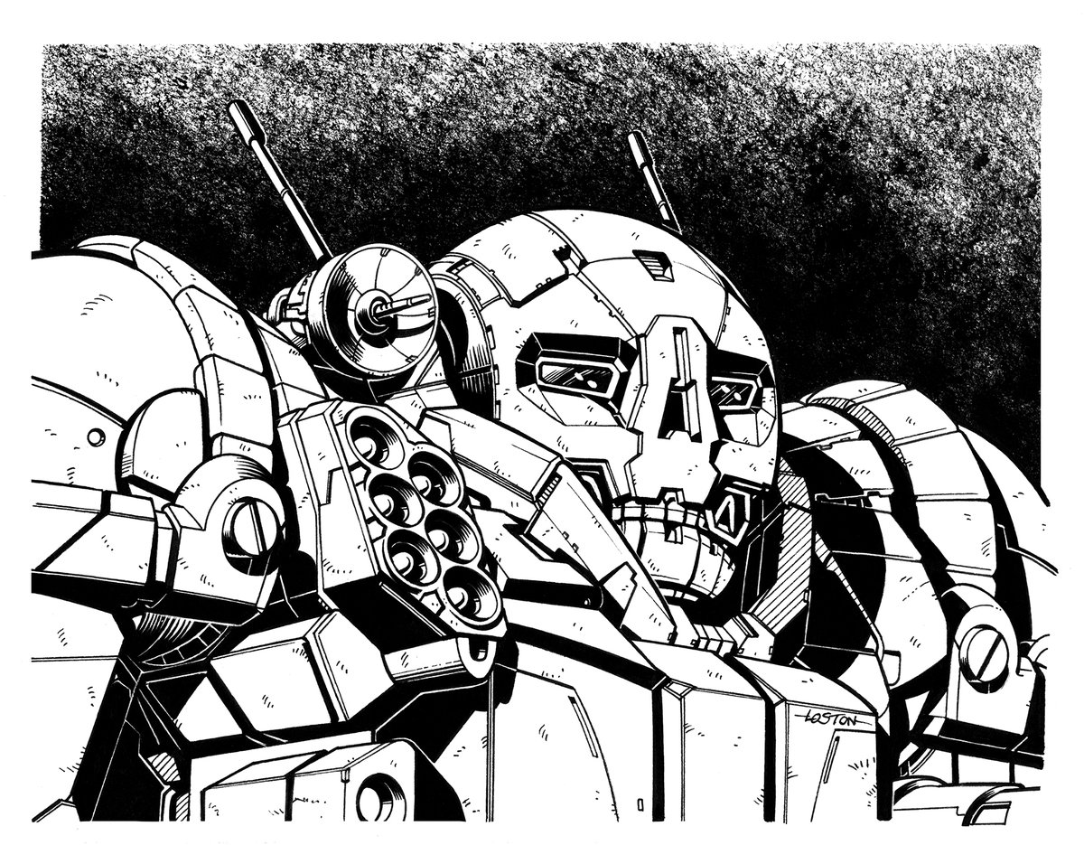 Loston_Wallace's tweet photo. #Battletech #FASA #MechWarrior #AtlasMech 
27 years since I drew BATTLETECH mechs for FASA, but Phil @LawnDartOmega commissioned this head &amp; shoulder image of an Atlas, so I'm back at it. 1st time drawing Catalyst version. Moved the SRM-6 to the right side just to be different. https://t.co/Wn2J8lbJHA