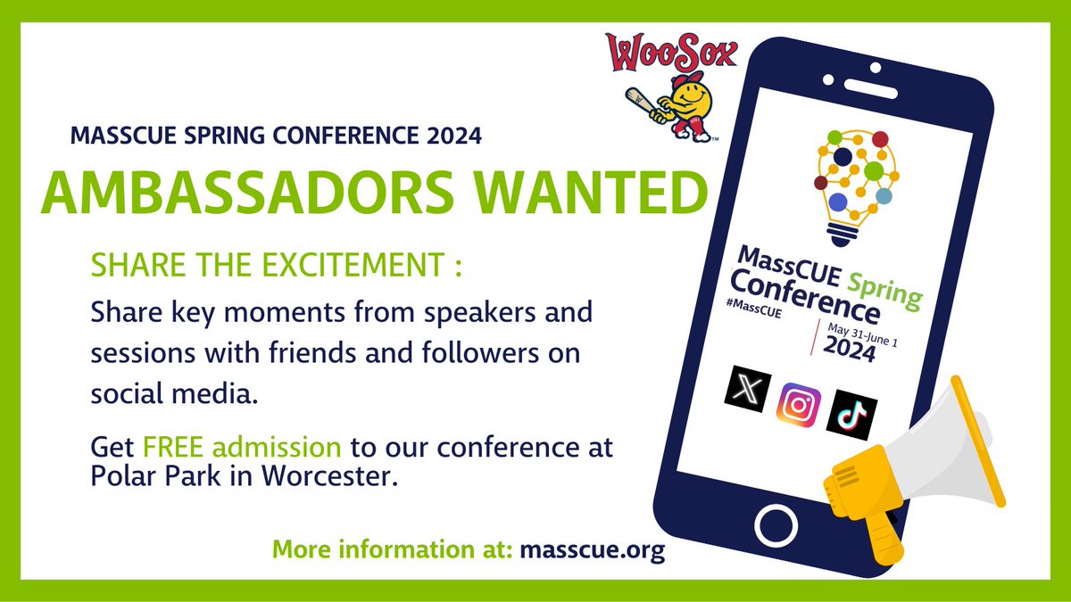 Earn FREE admission to the #MassCUE Spring Conference at Polar Park in Worcester by serving as a Social Media Ambassador! Learn more and apply today: bit.ly/4a65VLx @MrsErinFisher @cterrillteach @GusGottaTeach @PadulaJohn @WH_Heatherlyn @marissafoley325 @HallsHomework