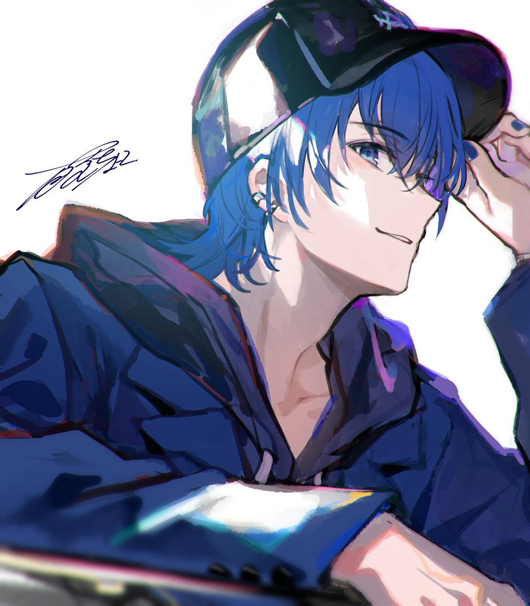 kaito (vocaloid) 1boy male focus hat blue hair solo blue eyes hood  illustration images