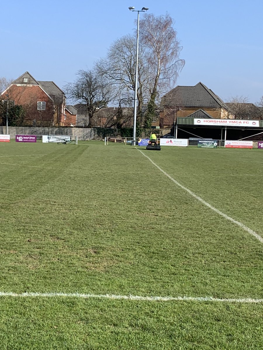 horshamymfc's tweet photo. After a good win for our U23’s last night, over our local rivals, the ground staff geniuses are hard at work in preparing the pitch for tomorrows 1st team game here at #THDS - Gorings Mead - sun is shining, football is back https://t.co/xp92HOEgN5