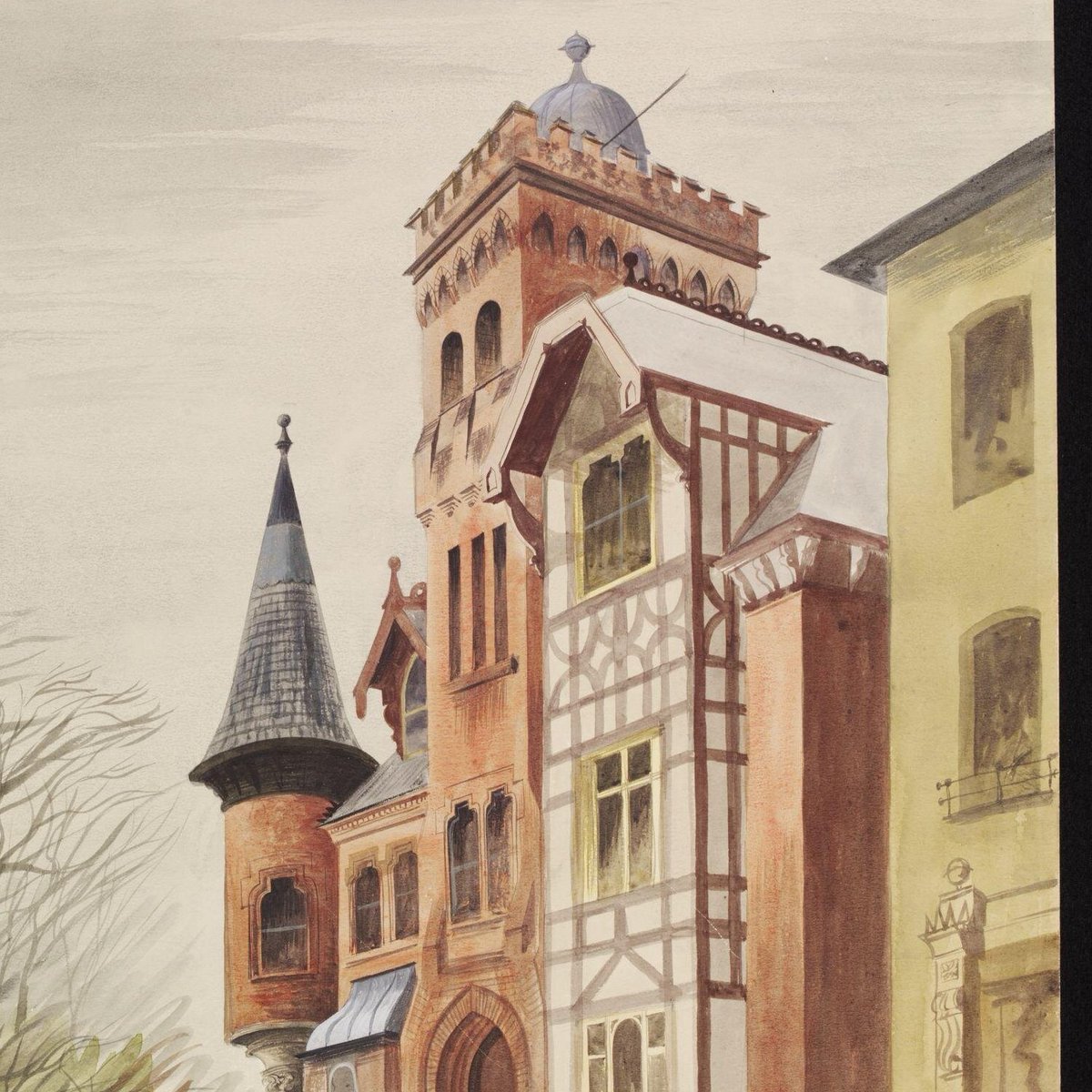 The V & A describe the house as partly fairy-tale Gothic with a round turret & castellated tower; partly timber-framed medieval.

There's a furious flurry of machicolations; the 'witch's hat' conical roof to the turret is appealing too. I am not sure that the house still exists.