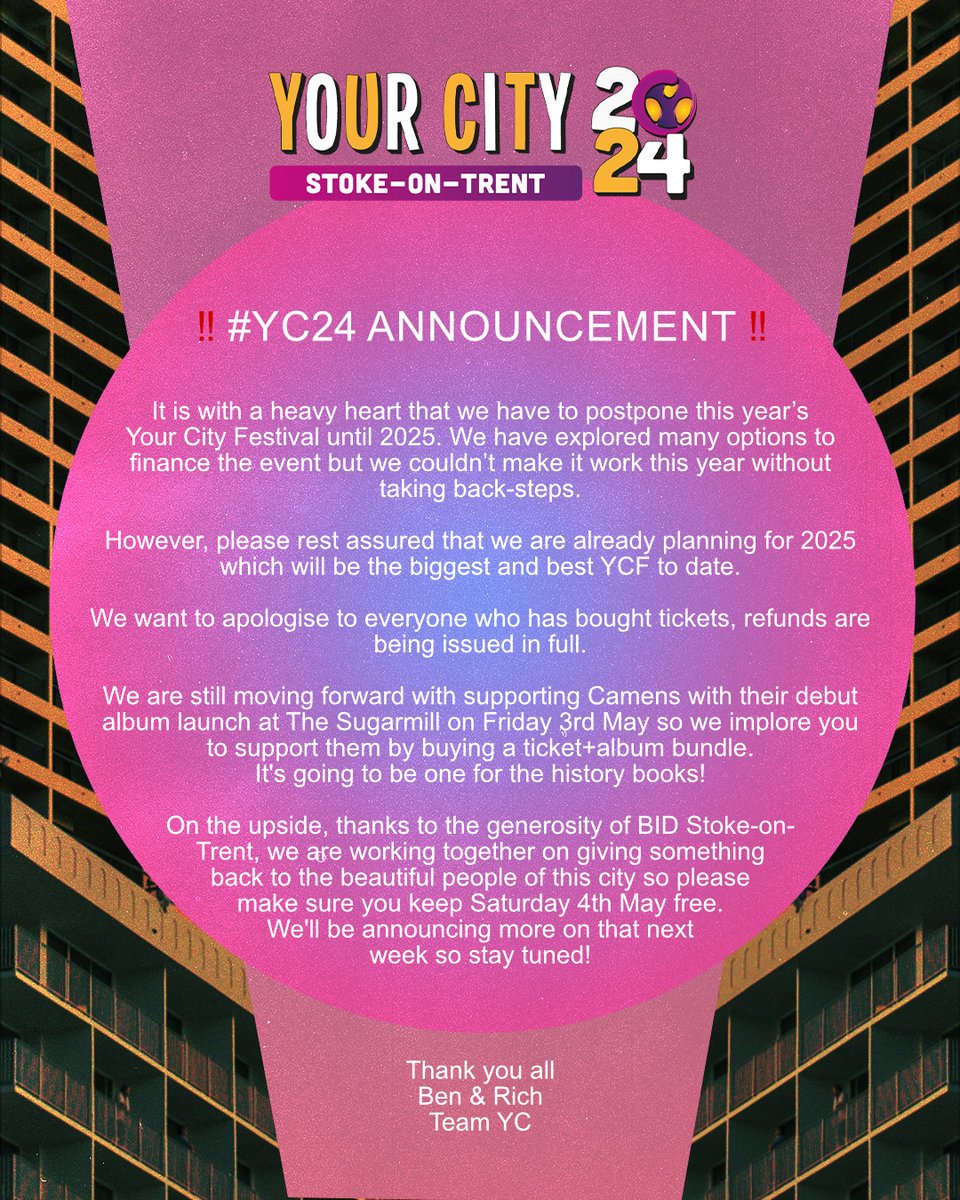 Your City Festival (@ycfestival) on Twitter photo 🚨 #YC24 UPDATE 🚨 Your City Festival postponed to 2025. Refunds on their way. We're still supporting <a href="/camensuk/">CAMENS</a> album launch at <a href="/SugarmillStoke/">The Sugarmill</a> on May 3rd & have an exciting event with <a href="/StokeontrentBID/">Stoke-on-Trent BID</a> on May 4th. Stay tuned for updates. Thank you! -Ben & Rich, Team YC 🚨 #YC24 UPDATE 🚨 Your City Festival postponed to 2025. Refunds on their way. We're still supporting <a href="/camensuk/">CAMENS</a> album launch at <a href="/SugarmillStoke/">The Sugarmill</a> on May 3rd & have an exciting event with <a href="/StokeontrentBID/">Stoke-on-Trent BID</a> on May 4th. Stay tuned for updates. Thank you! -Ben & Rich, Team YC
