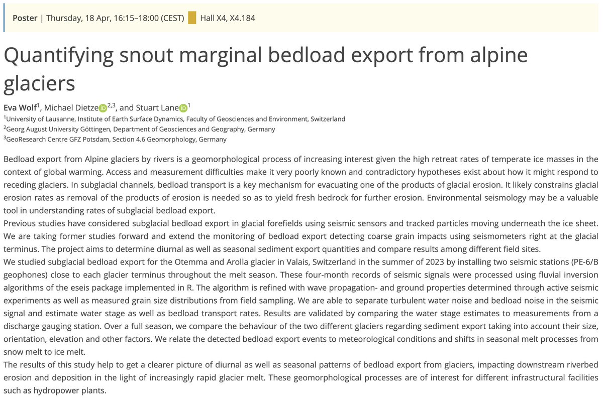 alp_wise's tweet photo. #EGU_24 is coming soon!
To learn about: Quantifying snout marginal #bedload #export from alpine glaciers
Join session #EGU_GM 2.1 on Thursday 18 April to see Wolf E. 's poster
https://t.co/OxBBZNfgrM https://t.co/IOVXTi8v90