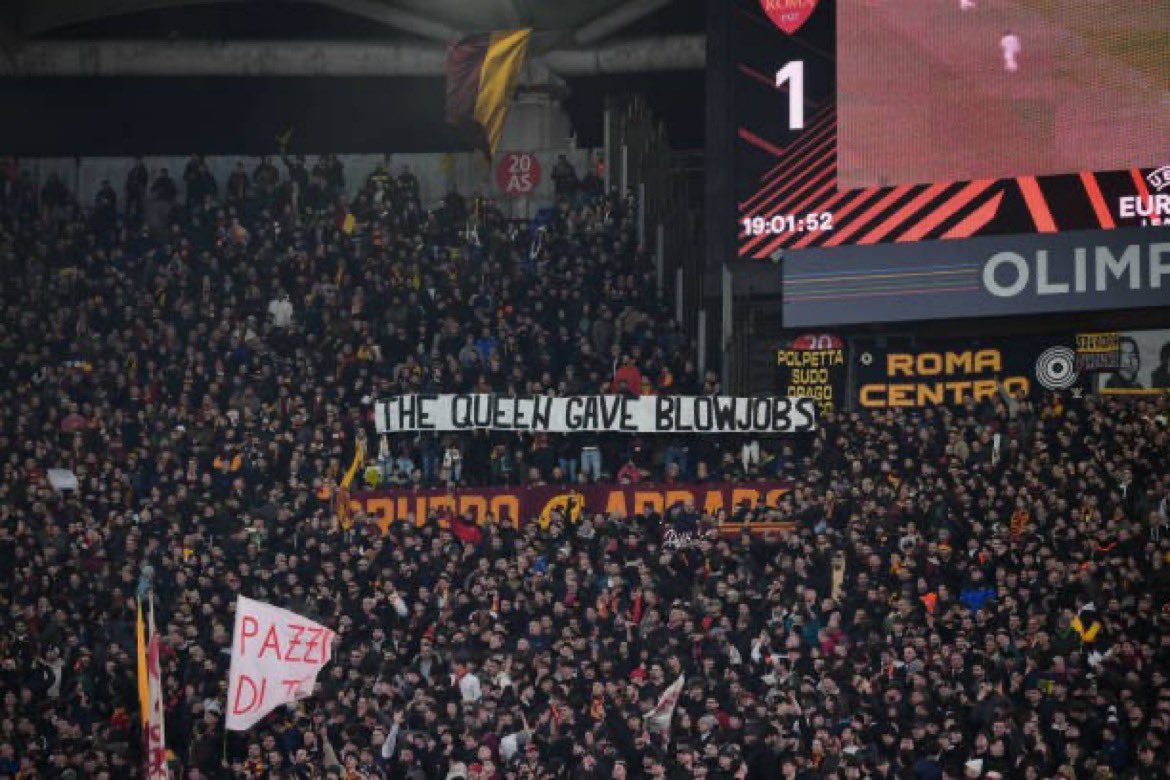 farenet's tweet image. On the eve of #IWD this is how Roma fans welcomed Brighton to the Stadio Olimpico at last nights Europa League match.

It is sexist and has clear overtones of homophobia.

#NoSexism
#NoHomophobia