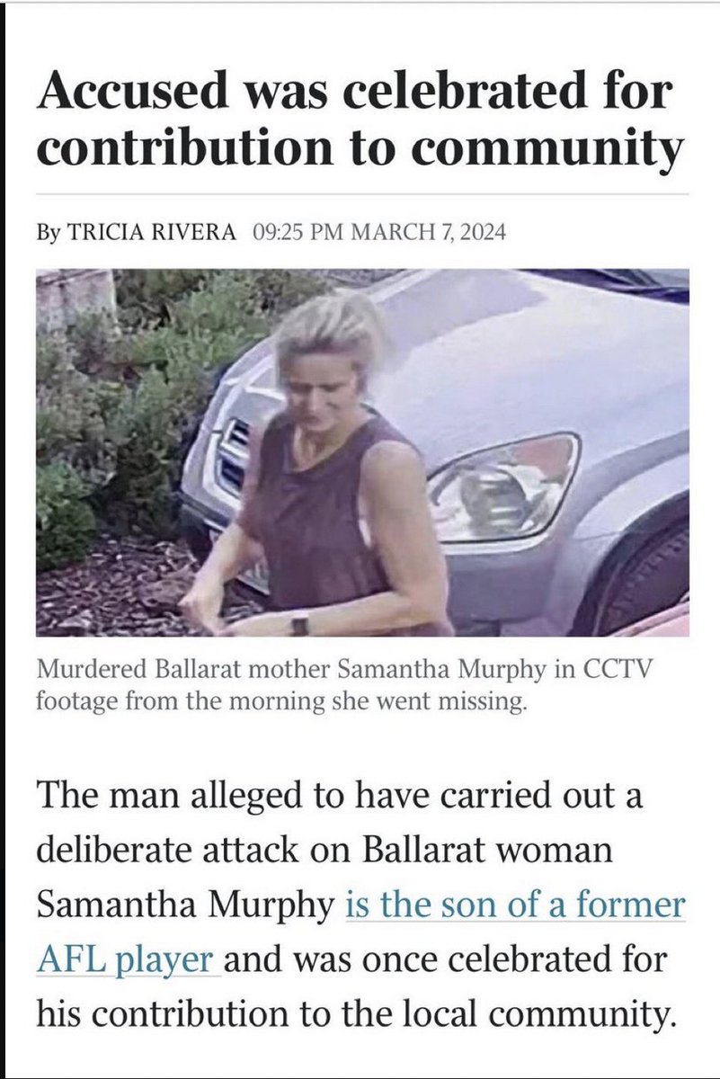 Samantha Murphy was a business woman, an athlete, a valued theatrical community member, a mother, sibling and daughter who was so loved by her community that they searched for her for weeks - allegedly murdered by some #goodbloke whose parentage is totally fucking irrelevant.

🖕🏽