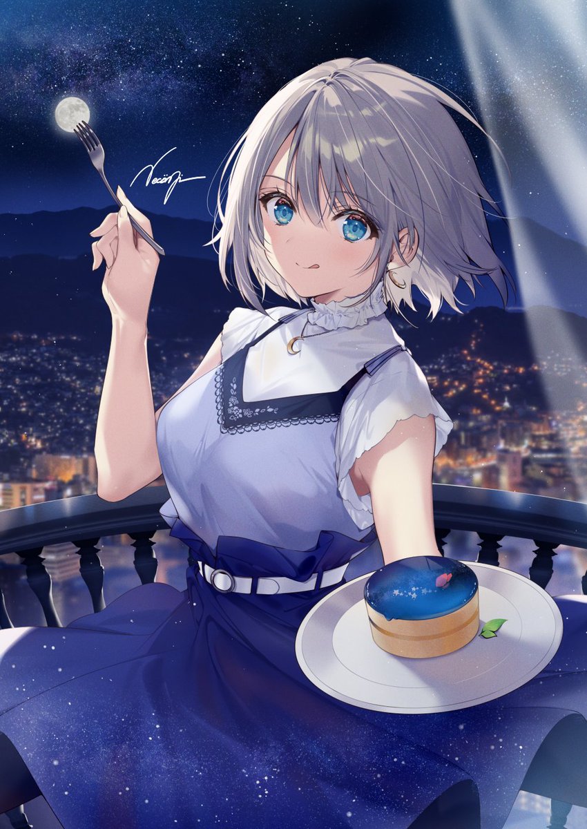 anastasia (idolmaster) 1girl solo holding blue eyes jewelry night food  illustration images