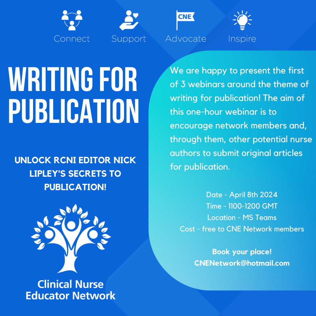 Join us for the first of three webinars around the topic of writing for publication. In this first session we will be joined by @rcni Editor @NickLipley as we encourage members to think about submitting articles for publication! 🎟 Sign up for your place forms.office.com/e/mnM2DubZiC