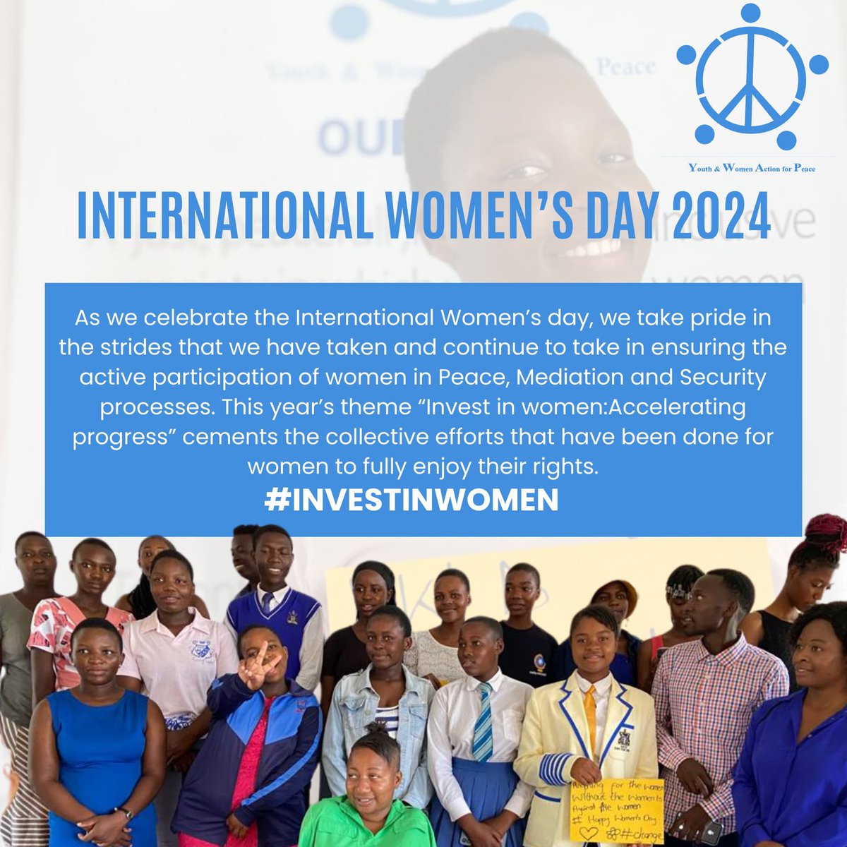 YWAction4Peace's tweet photo. Happy International Women's Day to all the strong, courageous and resilient women out there. 
#InvestInWomen 
#AccelerateProgress 
@euinzim @activista_zim https://t.co/Po5iF7TEnt