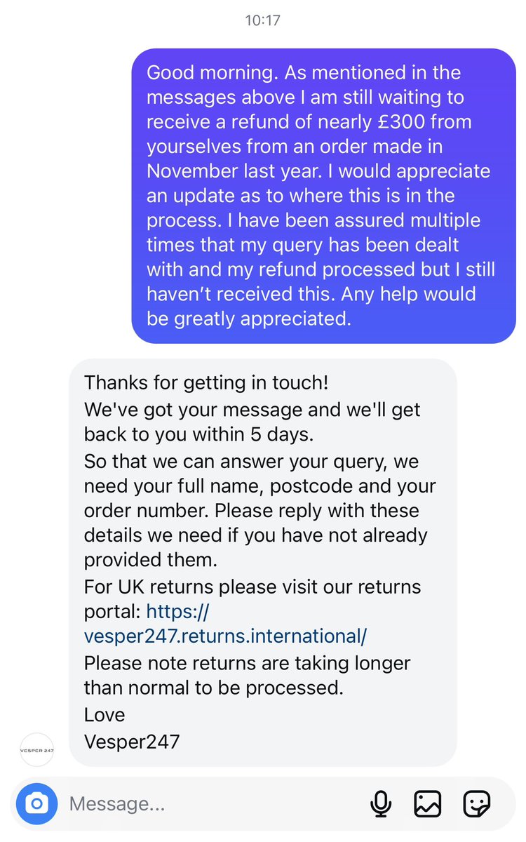 lucyaforsyth's tweet photo. I don’t think I have ever posted on here but this is an absolute last resort. I have been waiting for a refund from @Vesper_247_ for 4 months now. Please don’t buy from Vesper, the quality of the products I ordered were awful and they have no intention of returning my money!! https://t.co/BTgatLIRTg