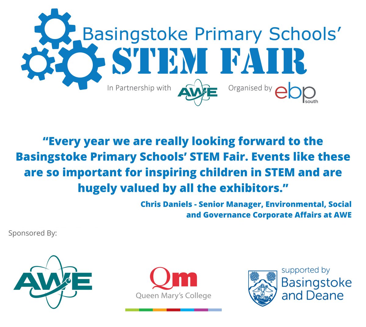 EBPSouth's tweet photo. On Wednesday we will be returning to Queen Mary's College for the second year for our Basingstoke Primary Schools' STEM Fair in partnership with @AWE_plc. Thank you to our partners and to our sponsors @QMCollege and supporters @Basingstokegov.

#PrimarySTEM2024 https://t.co/zJISUhQtnJ