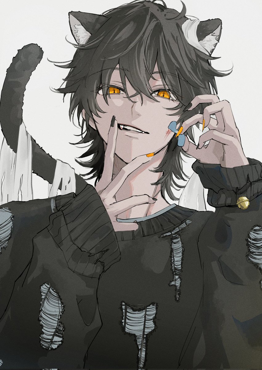 animal ears male focus 1boy cat ears black hair solo tail  illustration images