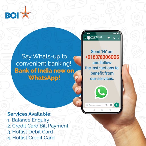 Banking is made more convenient, reachable, and faster for you! Bank of India is now on WhatsApp. To know more, send us a 'Hi' on wa. me/918376006006
#WhatsappBanking #RelationshipsBeyondBanking #BankofIndia