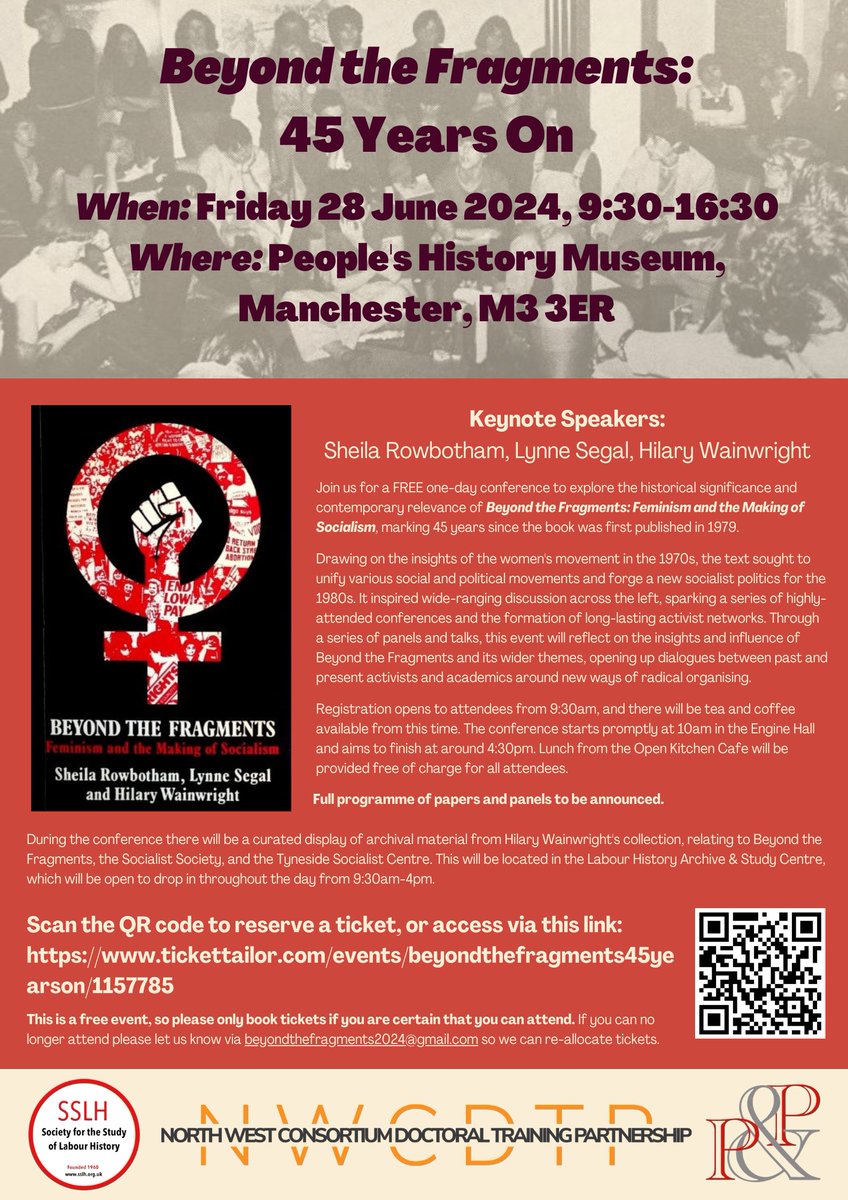 Since it's #IWD today, we're so excited to release the poster and booking link for our one-day conference Beyond the Fragments: 45 Years On, on Friday 28 June 2024. Reserve your FREE ticket here: tickettailor.com/events/beyondt… Full programme of panels and papers to be announced soon👀