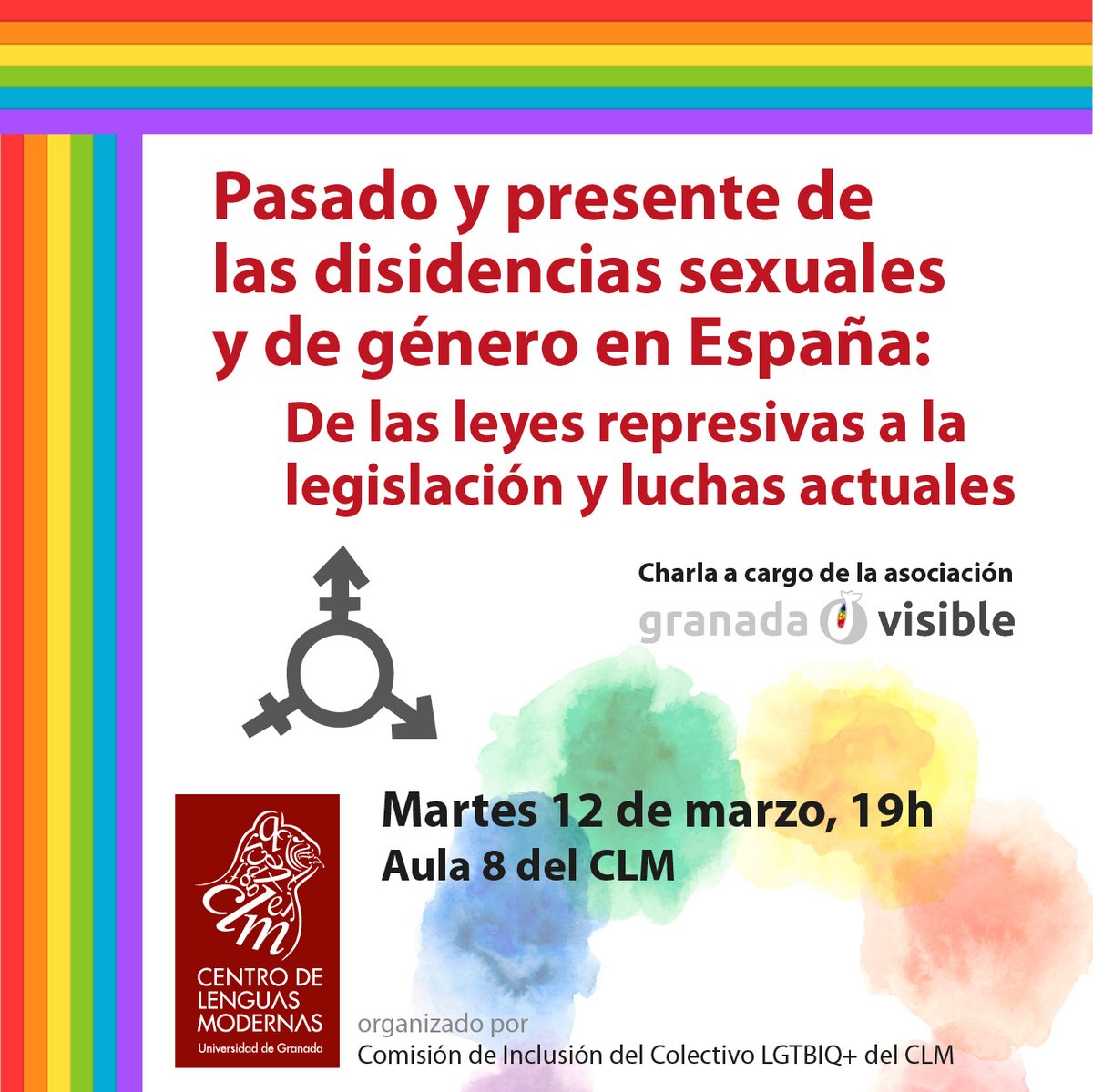 🌈¡La Asociación Granada Visible presenta una fascinante charla para reflexionar y aprender sobre el pasado y presente de las disidencias sexuales y de género en España! 🏳️‍🌈

📅 FECHA: 12 marzo
🕖 HORA: 19:00
📍 LUGAR: Aula 8 CLM
¡Abierta a todo el público!
<a href="/granadavisible/">Granada Visible 🏳️‍🌈</a>