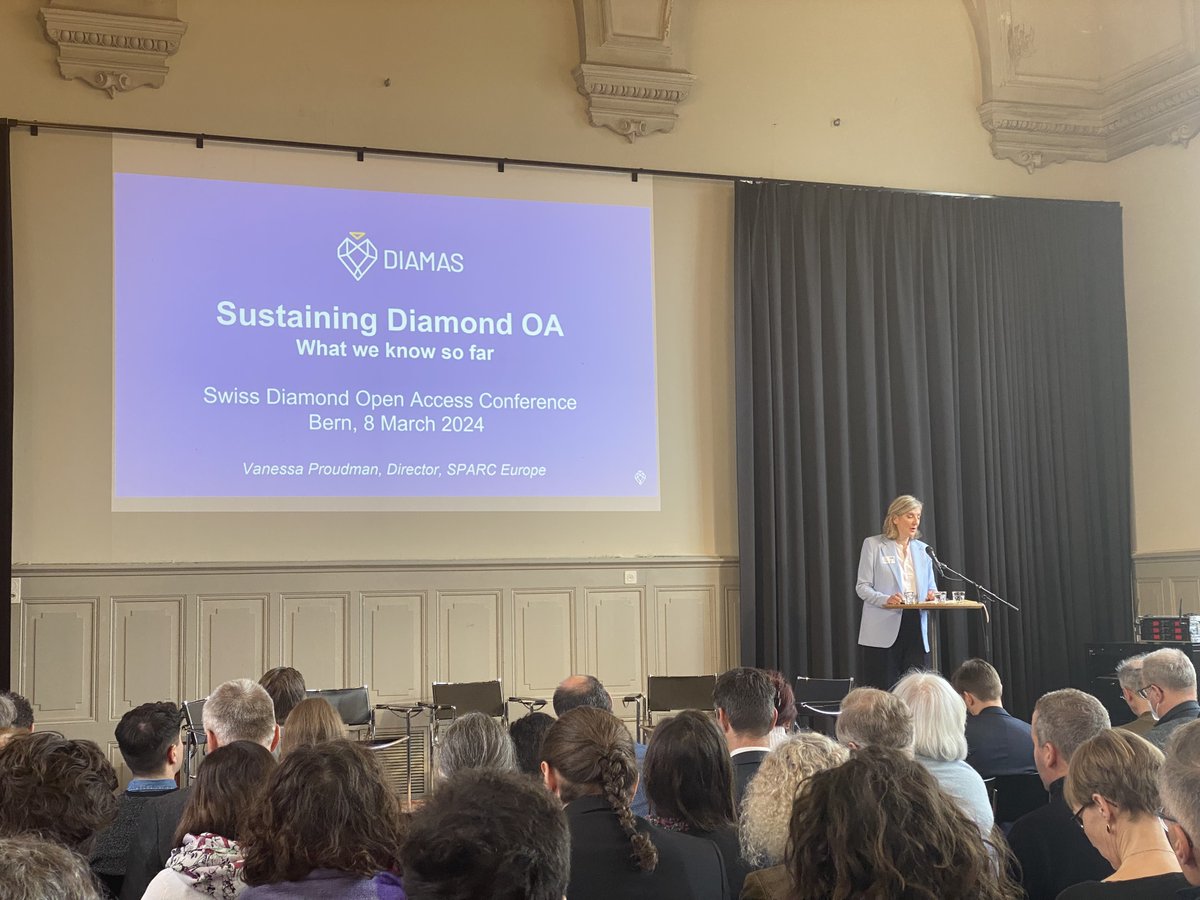 Key note speaker Vanessa Proudman (@SPARC_EU) asks: 'How can we redirect funding and pull together resources across national boundaries to further Diamond Open Access'? #openaccess #openscience